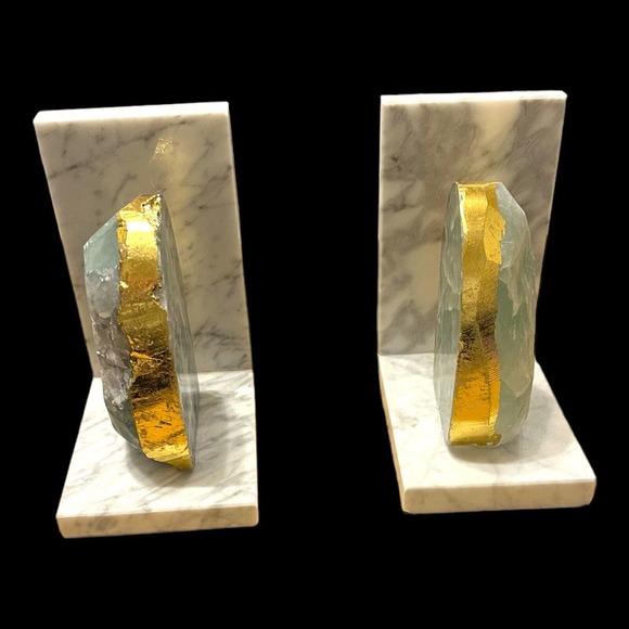Anthropologie Sliced Bookends Green gold marbled Crystal heavy Beautiful Classy - Picture 8 of 16